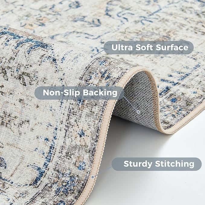 jinchan Kalen Round Rug 5ft Area Rug Entryway Washable Vintage Indoor Retro Floor Cover Distressed Floral 5' Round Circle Boho Non Slip Thin Carpet for Kitchen Bedroom Living Room Dining Room Blue