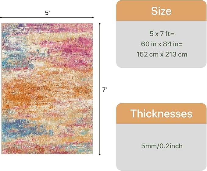 5x7 Area Rugs Washable Pink Rug for Living Room Nursery, Modern Abstract Large Rug Non Slip, Water Repellent Low Pile Soft Carpet for Bedroom, Dining Room, Home Office, Colorful Pink