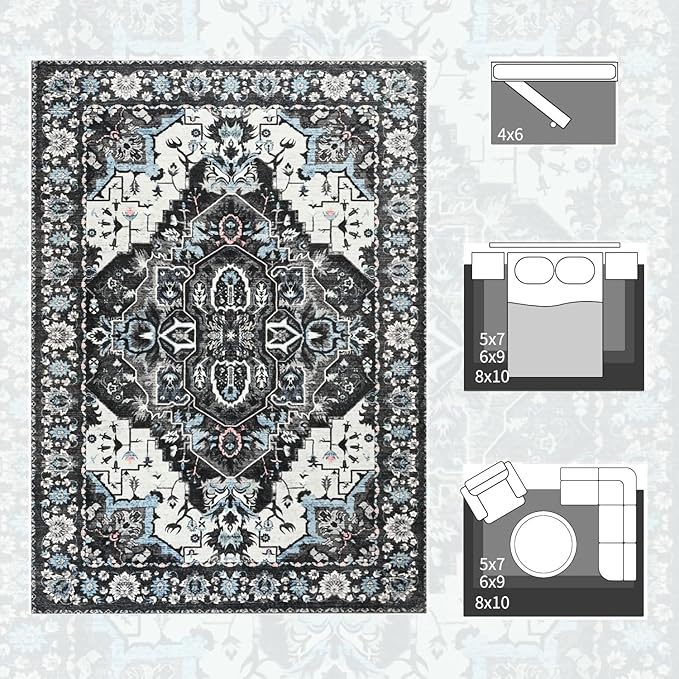 Large Area Rugs 9x12 for Living Room, Bedroom, Washable Vintage Rugs -Low Pile Distressed Rugs for Kitchen, Dining Room, Water Repellent & Non Shedding, Black and Blue