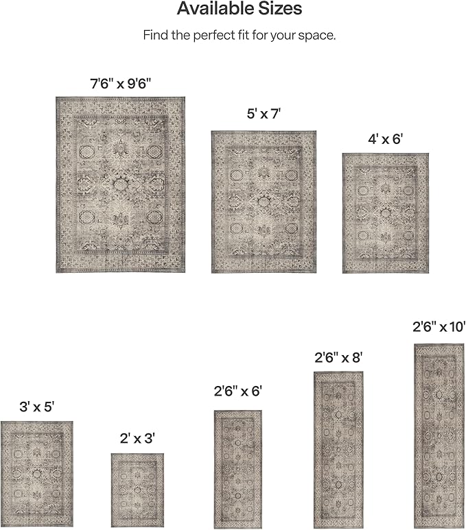 ReaLife Rugs Machine Washable Area Rug - Living Room Bedroom Bathroom Kitchen Entryway Office - Padded Low Pile Stain Resistant Premium - Boho Farmhouse Vintage - Paz - Beige Gray Ivory 5' x 7'