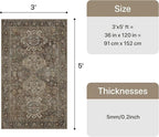 Bavni 3x5 Area Rug for Living Room Bedroom, Washable Boho Print Vintage Aesthetic Rug, Ultra-Thin Low Pile Rugs for Entryway Playroom with Non Slip Backing, Brown