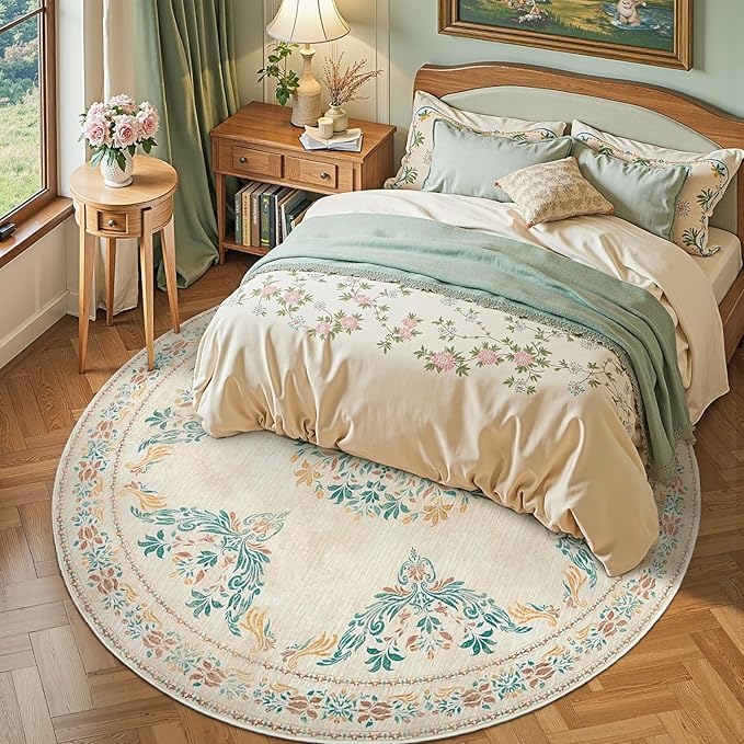 jinchan Round Rug 7ft Area Rug Vintage Floral Distressed Design Machine Washable Soft Non-Slip Low-Pile Ultra-Thin Circle Rug for Living Room Dining Room Bedroom Home Office (7' Round, Apricot Multi)