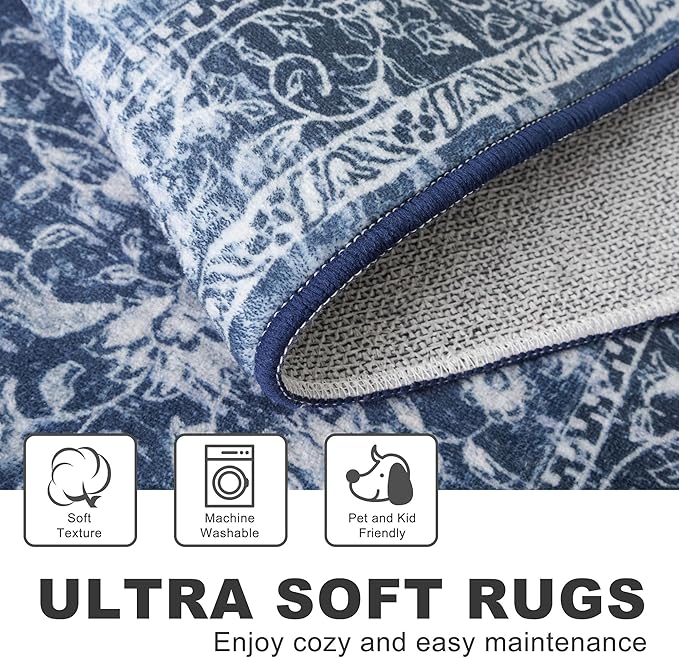 KILOCOCO Area Rug 8x10 Living Room Rug Washable Printed Vintage Floral Non Slip Soft Rubber Backed Indoor Bedroom Rugs for Laundry Room Kitchen Playroom Moroccan Area Rugs, Blue