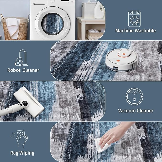 Ciicool 3x8 Washable Runner Rug, Modern Abstract Hallway Rugs Runner, Non-Slip Thin Accent Rug Lightweight Navy Grey Print Distressed Carpet for Kitchen Laundry Entryway Bedroom Indoor