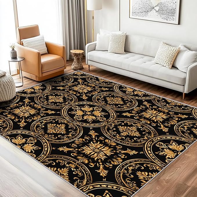 Black Gold Baroque Rug Small, Washable 2x3 Throw Rug for Entryway, Floral Geometric Patterned Indoor Door Mat, Black Gold Baroque Decor for Home, Bedroom, Soft Non Slip Thin Design FER62