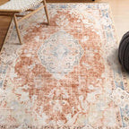 MUJOO Boho Rug 3'x5' Machine Washable Area Rugs Small Non Slip for Entryway Bedroom Bedside Kitchen Hallway Living Room Laundry Indoor Mat Soft Low-Pile Floral Orange Navy Blue