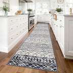 KUTA Boho Runner Rug for Hallway 2.6x14 Moroccan Washable Black Navy Blue Rugs Non-Slip Vintage Long Kitchen Runners Soft Geometric Floor Carpet for Bedroom Laundry Living Room