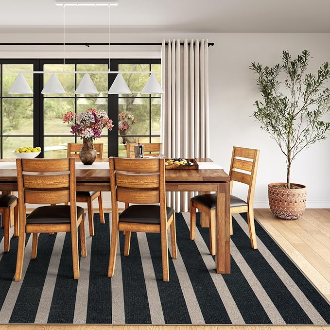 Lahome Striped Easy Jute Outdoor Rug 8x10, Washable Living Room Patio Rug Black Indoor Outdoor Carpet, Farmhouse Geometric Non Slip Non Shedding Carpet for Office Backyard Dining Room