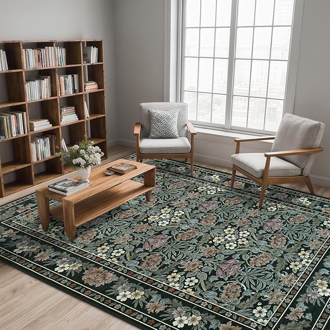6x9 Black and Green Floral Area Rug for Living Room, Washable Non Slip Rugs for Bedroom Non Slip, Low Pile Large Indoor Accent Carpet for Office, Dining Room, Farmhouse