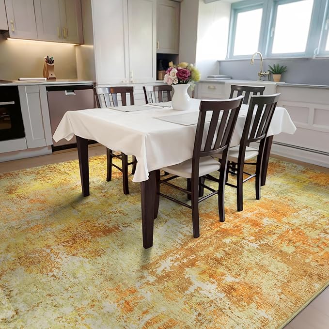 Washable Area Rug 5x7 - Neutral Modern Abstract Rugs, Soft Non Slip Thin Carpet with for Bedroom, Under Dining Room Table, Home, Office, Dorm, Office Rolling Chair - Yellow Brick