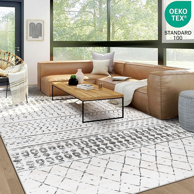 6x9 Machine Washable Area Rug for Living Room, Grey White Vintage Moroccan Rug Large Non-Slip Low Pile Soft Faux Wool Carpet, Kids and Pets Friendly for Bedroom Dining Room Farmhouse Home Decor Rug