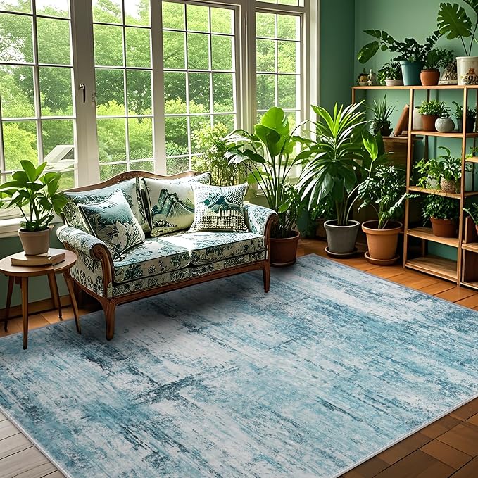 5x8 Area Rugs, Modern Abstract Teal Grey Washable Rug for Living Room, Soft Large Non-Slip Carpet for Bedroom Dining Room Home Office Farmhouse Decor - Teal+Gray
