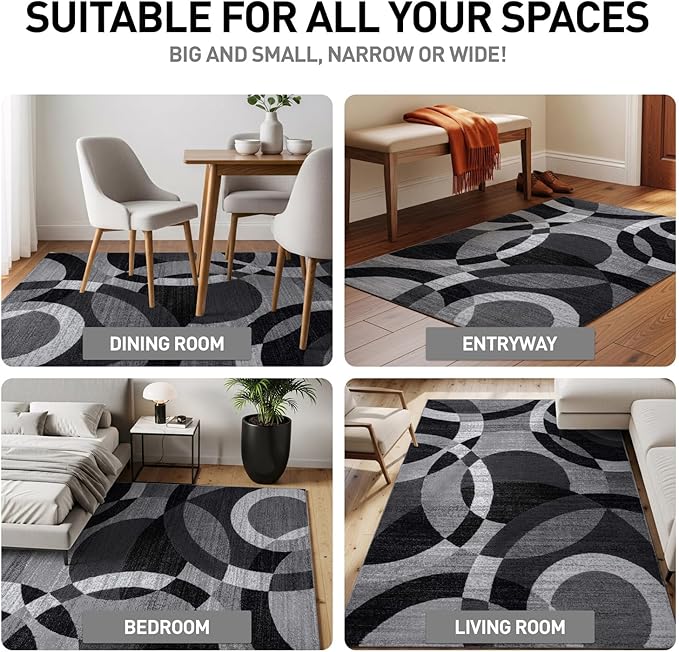 Rugshop Gray Modern Geometric Oval Rug, Abstract Circles, High-Traffic, Non-Shedding, for Living Room, Bedroom and Home Office, 5' x 7' Oval