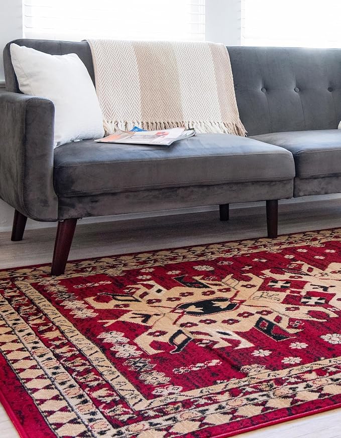 Unique Loom Taftan Collection Border Geometric Tribal Inspired Design Area Rug (4' 0 x 6' 0 Rectangular, Red/ Gold)
