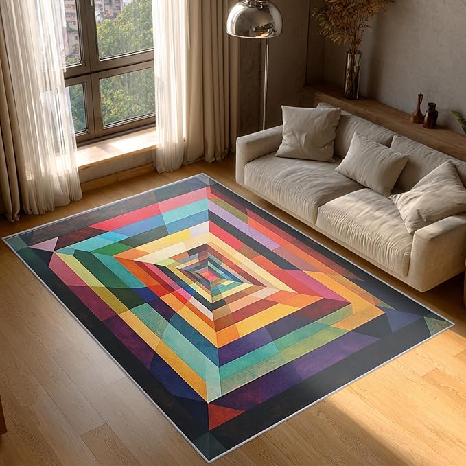5x7 Colorful Geometry Rugs for Bedroom Decor, Washable Abstract Geometric Pattern Area Rug, Living Room Home Decoration, Non Slip Soft Thin, Abstract Art Decor Carpet PF-P 49