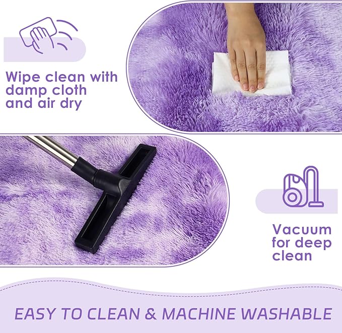 duduta Purple Plush Round Rug 4x4 ft, Tie Dye Fluffy Shag Rugs for Bedroom Classroom Nursery Playroom Dorm Decor, Washable Non Slip