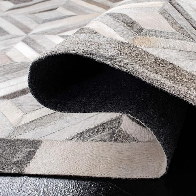 Premium Diamond Pattern Leather Area Rug, Geometric Cowhide Patchwork Carpet - 2X3 ft, Luxury Beige and Grey Non-Slip Floor Accent for Dining Room, Living Room, Hallway