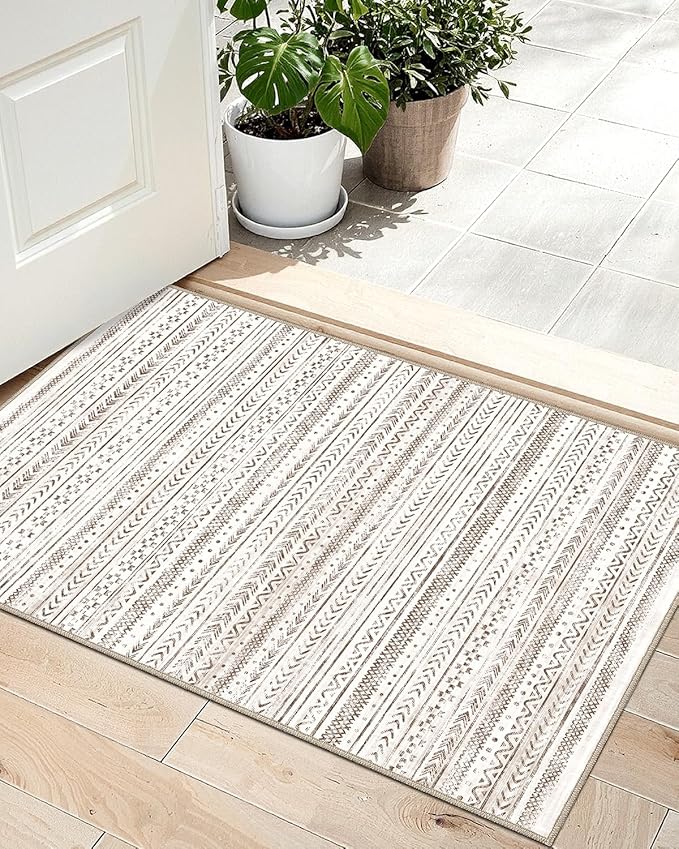 LUMI Ultra Thin Door Mat, 32x47 Non Slip Indoor Doormat Entrance Washable Rugs Entryway Oriental Vintage Soft Carpet for Kitchen Bedroom Front Door, White and Brown