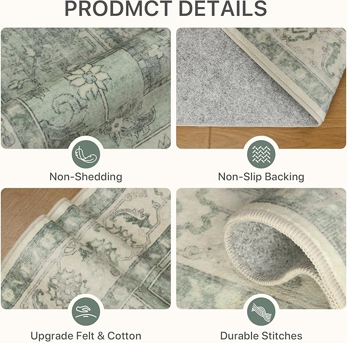 8x10 Area Rugs for Living Room, Machine Washable Non Slip Vintage Rugs, Low Pile Lightweigt Print Indoor Rug for Bedroom, Dining Room, Home Office, Green