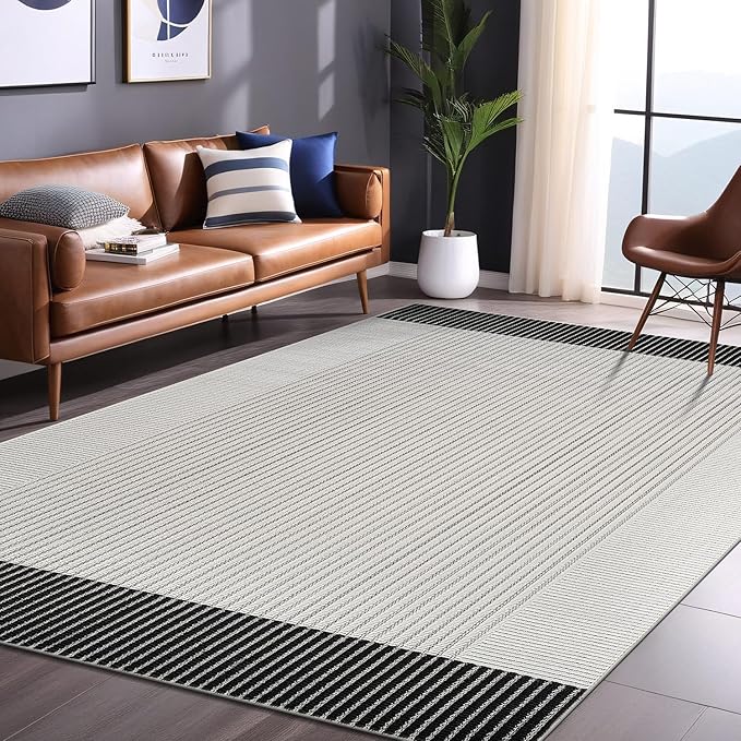 Modern Micro Loop Indoor Area Rugs for Living Room Bedroom Kitchen Geometric Striped Black-White 9x12 Luxury Durable Low and High Pile Non-Shedding Stain Resistant Soft Area Carpet 9 x 12