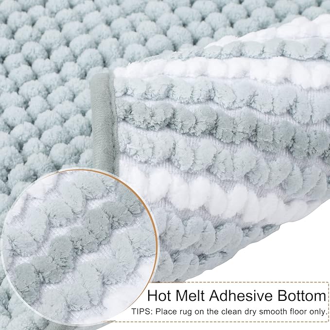 PiccoCasa Chenille Bathroom Rug, Soft Fluffy Absorbent Bath Mat, Medium Pile Striped Carpet Washable Non Slip Bathroom Floor Mats(17"x24",Light Blue & White)