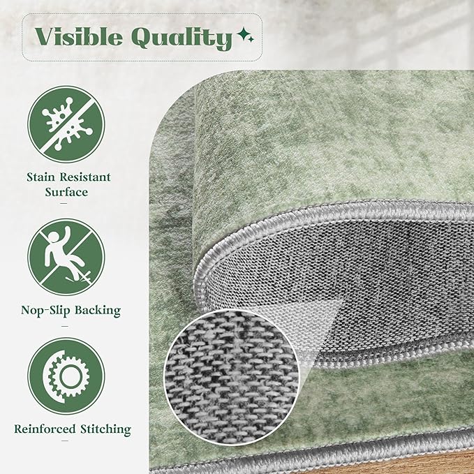Area Rug 6x9 Washable Rug, Vintage Boho Medallion Rugs Non-Slip Soft Low Pile Large Distressed Rug Indoor Retro Carpet for Living Room Bedroom Dining Room Home Office (Sage Green, 6'x9')