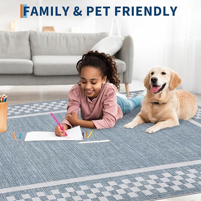 GarveeHome Modern Bordered 8x10 Area Rugs for Living Room Bedroom Soft Washable Large Bedroom Throw Carpet Non Slip Checkered Geometric Rugs for Dining Room Home Decor Office, Blue