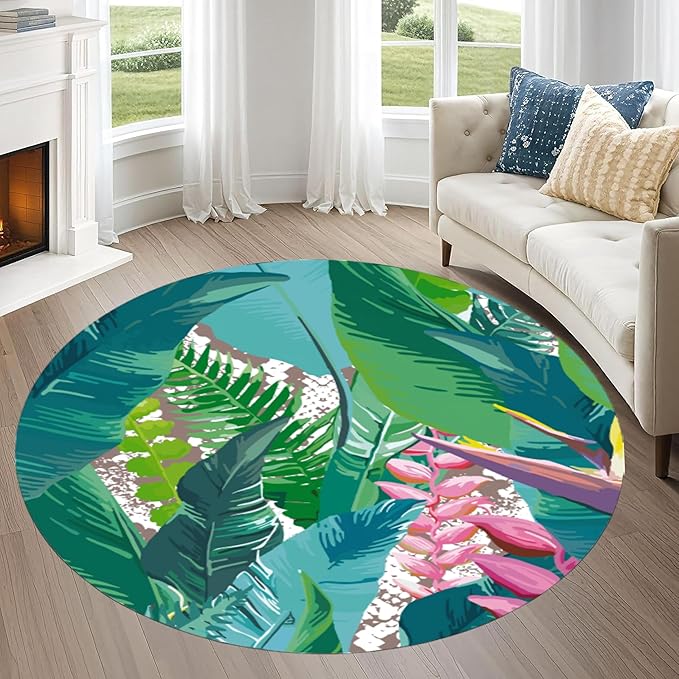 Tropical Leaves Round Rug 6ft - Machine Washable Non-Slip Circular Floor Mat, Short Pile Soft Rug for Living Room, Bedroom, Nursery in Green & Pink Botanical Design