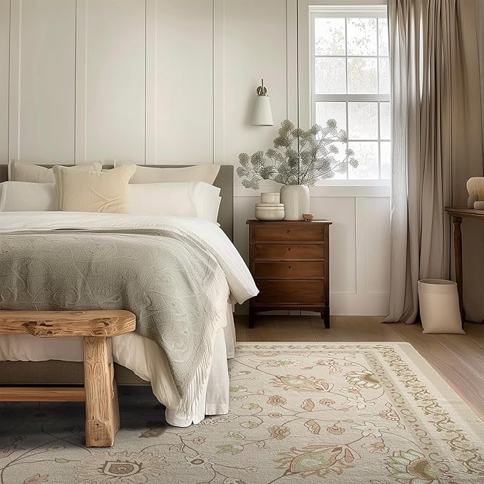 EVERGRACE Area Rugs for Living Room 8x10, Boho Floral Faux Wool Indoor Outdoor Rugs, Washable Rugs for Bedroom Dining Room Entryway Kitchen, Low Pile Floor Mat Carpet for Home Decor, Natural Beige