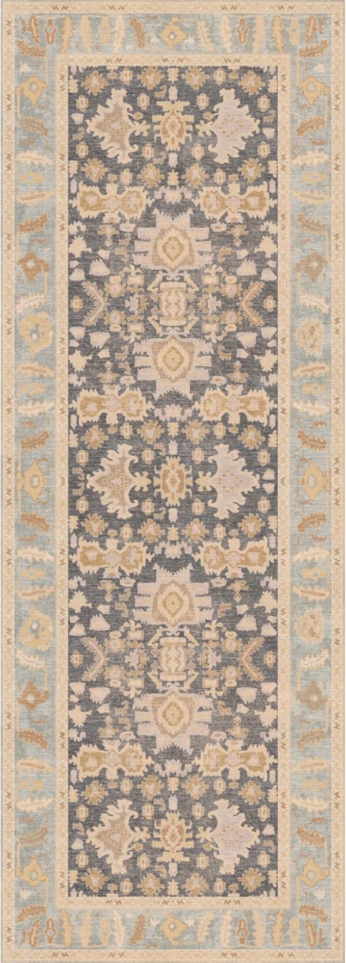 Kuden 2'6"x7' Runner Rug, Machine Washable Area Rug with Non-Slip Backing, Vintage Style, Soft, Easy Clean, Low Pile Rug for Hallway, Entryway, Kitchen, Bedroom