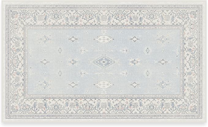 RUGGABLE Washable Vintage Area Rug – Verena Soft Blue 3x5, Stain-Resistant, Non-Slip – Small Machine Washable Rugs for Living Room, Bedroom, Hallway, Entryway & Office–with Cushioned Pad