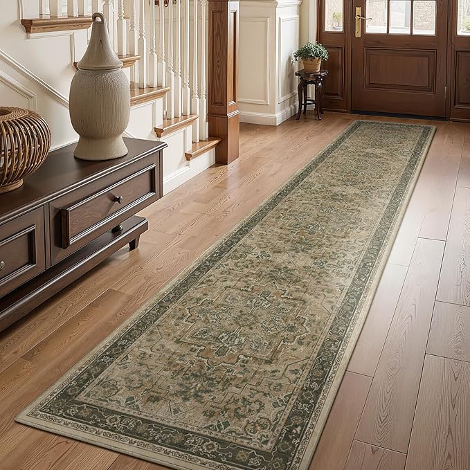 Washable Runner Rug 2x10 for Hallways, Retro Distressed Moody Medallion Long Carpet Runner for Entryway Mudroom, Low Pile Thin Soft Kitchen Bathroom Runner Rug Non Slip, Multi Brown/Slate Green