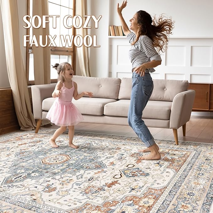 5x8 Area Rug Living Room: Washable Boho Large Neutral Vintage Soft Rugs Stain Resistant Distressed Farmhouse Non-Slip Indoor Floor Carpet for Bedroom Nursery Kids Office Dining Room- Beige Blue
