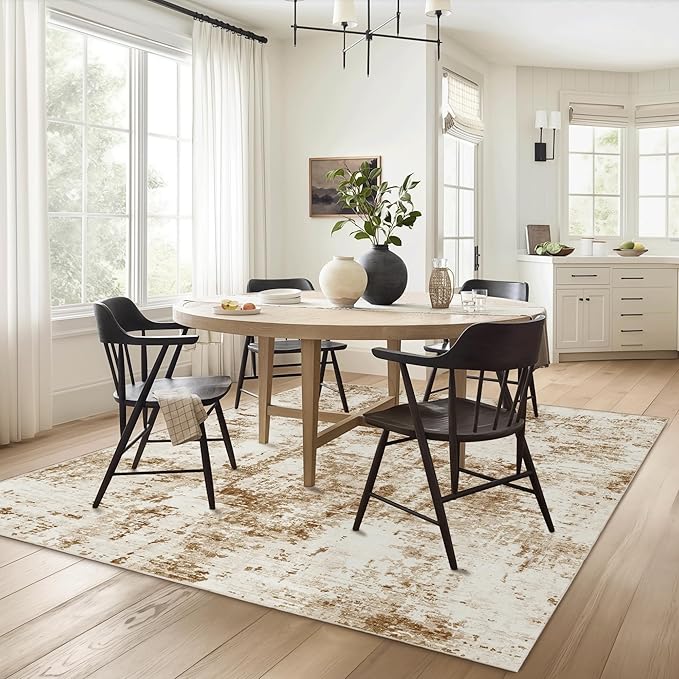 FMFUNCTEX 4x6 Washable Area Rug Brown Beige Abstract Modern Neutral Non Slip Low Pile Indoor Carpet Soft Thin Throw Rug for Entryway Entrance Living Room Bedroom Dining Office Nursery Kitchen Laundry
