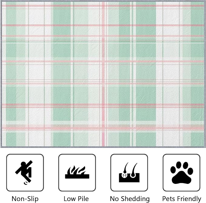 Plaid Rugs for Living Room - 5x6ft - Mint Green Tartan Gingham Rug for Bedroom Non Slip Low Pile Machine Washable Area Rugs, Plaid Carpets House Decor & Gifts
