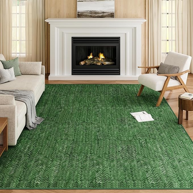 Eleisa Modern Vintage 5x7 Herringbone Chevron Area Rug for Living Room, Green, Non-Slip Stain Resistant Washable Rug, Farmhouse Home Decor Carpet for Bedroom, Kitchen, Dining Room