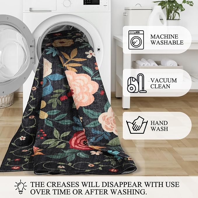 DUKINO 3x10 Runner Rug for Hallway, Washable Kitchen Floral Runner Rug with Non Slip Backing, Low Pile Soft Boho Carpet for Kitchen, Hallway, Entryway, Laundry, Bedroom, Black