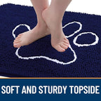 OLANLY Dog Door Mat for Muddy Paws 24x16, Paw Print Design, Absorbs Moisture and Dirt, Absorbent Non-Slip Washable Doormat, Quick Dry Chenille Mud Mat for Dogs, Entry Indoor Entryway Carpet, Navy Blue