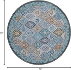 Phantoscope Washable Round Area Rug 6ft Non-Slip, Vintage Boho Rugs for Living Room, Bedroom, Dining Room, Distressed Moroccan Mosaic Diamond Pattern, Low-Pile Foldable Floor Carpet, Blue Teal/Neutral
