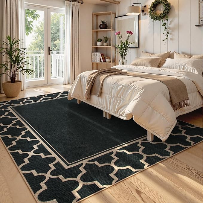 Moynesa Moroccan Easy Jute Outdoor Rug 8x10, Black Washable Living Room Rug Indoor Outdoor Patio Rug Non Slip, Geometric Farmhouse Carpet for Backyard Bedroom Dining Room
