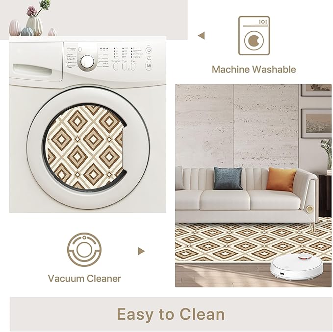 Bavni Hallway Runner Rug Machine Washable, 2x10 Non Slip Lightweight Washable Runners, Moroccan Checkered Rug for Entryway Laundry Kitchen Bathroom Corridor Bedside, Yellow Brown