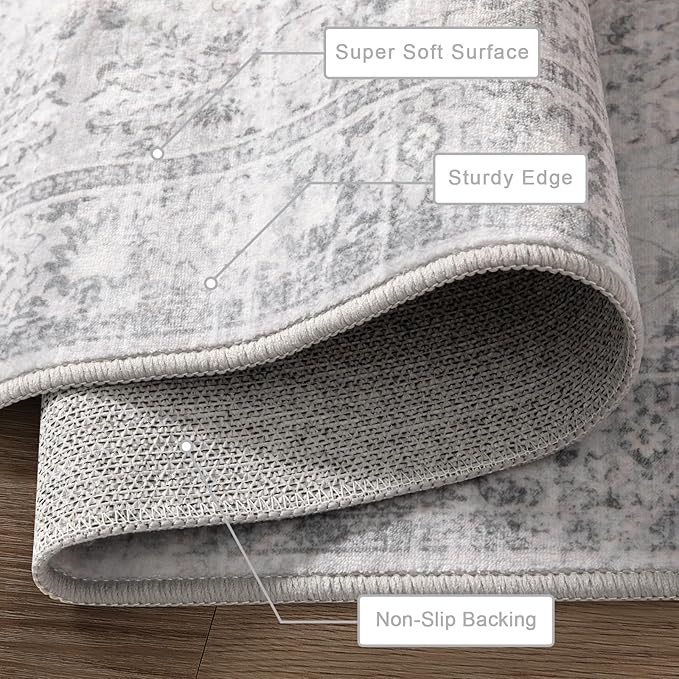 LIVEBOX Washable Rug 3x5 Bohemian Area Rug for Kitchen Bedroom, Non-Slip Gray Front Door Mat for Entryway, Antique Collection Area Rugs for Living Room Laundry Foyer Camper RV