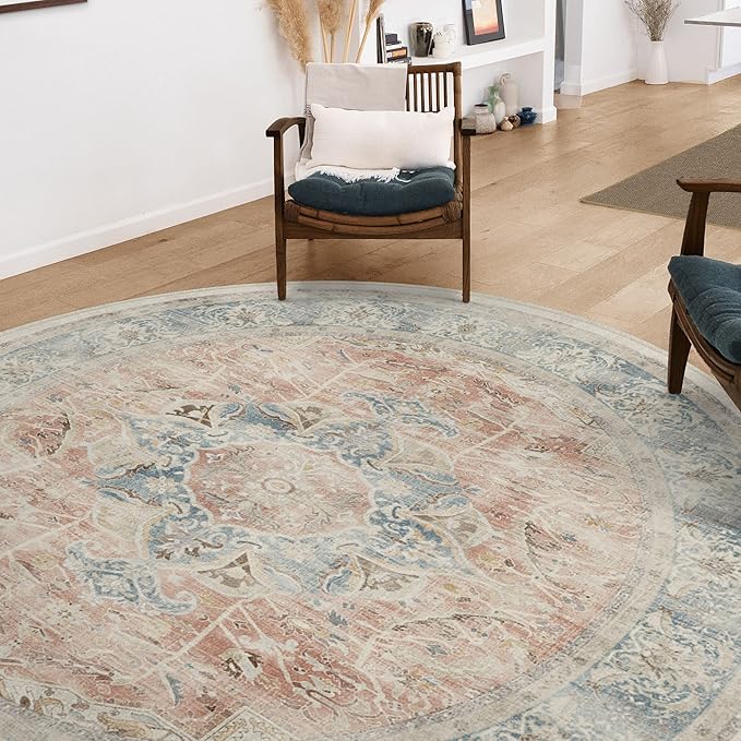 RUGGABLE Washable Vintage Area Rug – Sarrah Coral 6 ft Round, Stain-Resistant, Non-Slip – Medium Machine Washable Rugs for Living Room, Bedroom, Hallway, Entryway & Office–with Cushioned Pad