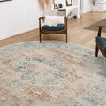 RUGGABLE Washable Vintage Area Rug – Sarrah Coral 8 ft Round, Stain-Resistant, Non-Slip – Large Machine Washable Rugs for Living Room, Bedroom, Hallway, Entryway & Office–with Cushioned Pad