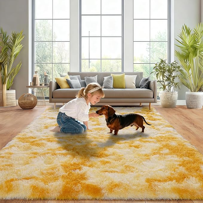 Upgrade Non-Slip Plush Rugs for Living Room, Soft Shaggy Carpets for Living Room, Fuzzy Rugs for Kids' Room, Perfect Decor for Modern Home Tie Dye Yellow 8x10Feet