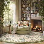 jinchan Elora Floral Corner Rug for Living Room Washable Bedroom Rug Vintage Romance Design Non Slip Quarter Circle Lightweight Low-Pile Throw Carpet for Reading Nook Playroom,7ft Radius, Green/Beige