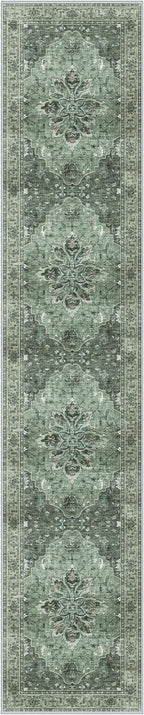 Area Rugs 2'6''x14' Washable Non-Slip, Floral Vintage Distress Print Pattern Medallion Carpet for Living Room Bedroom Dining Room, Dark Green Gray