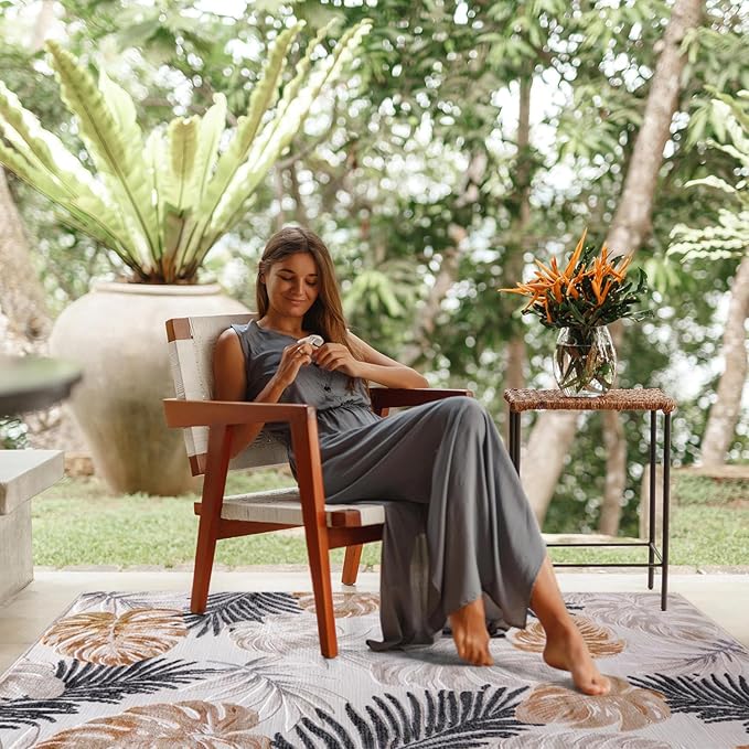 CAMILSON Indoor Outdoor Rug, Yellow 7’10”x10’ Leaf Tropical Botanical Area Rugs for Indoor and Outdoor patios, Easy-Cleaning Non-Shedding Living Room Garden and Kitchen Washable Outside Carpet (8x10)