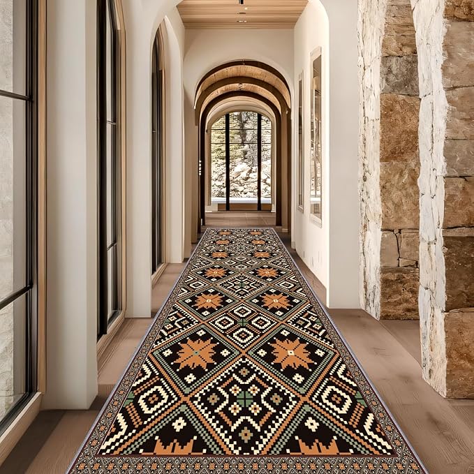 Brown Black Geometric Diamond Pattern Hallway Runner Rug - 2x8ft Soft Washable Rug, Corridor & Foyer High-Traffic Area Rugs, Durable Non-Slip Mat, Ethnic Southwestern Style Home Decor