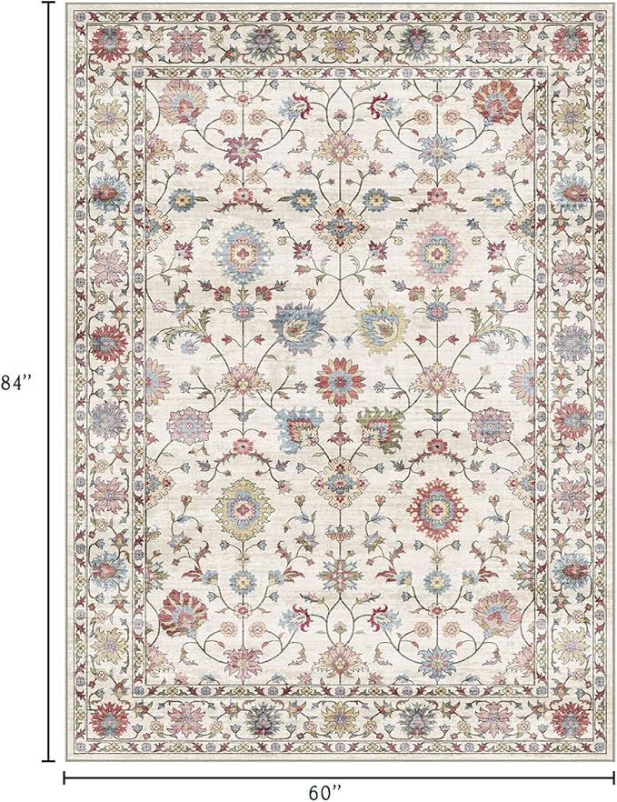 Washable Area Rug 5x7 - Boho Living Room Rug Soft Farmhouse Bedroom Rug Ultra-Thin Cream Colorful Vintage Traditional Floral Dining Room Rugs for Under Table Indoor Carpet for Living Room